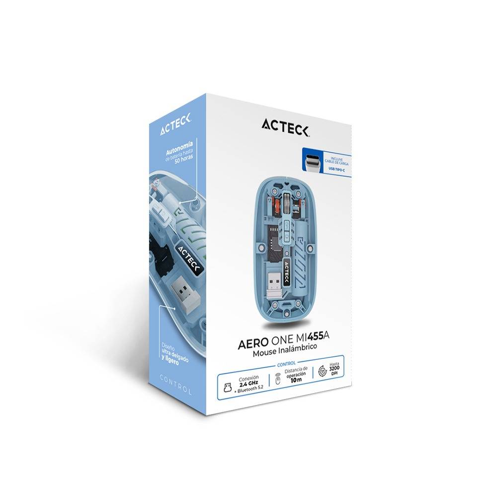 Mouse Inalámbrico Ultra Delgado Aero One MI455A Bluetooth 5.2 + 2.4Ghz Batería Recargable y Diseño Portátil Azul