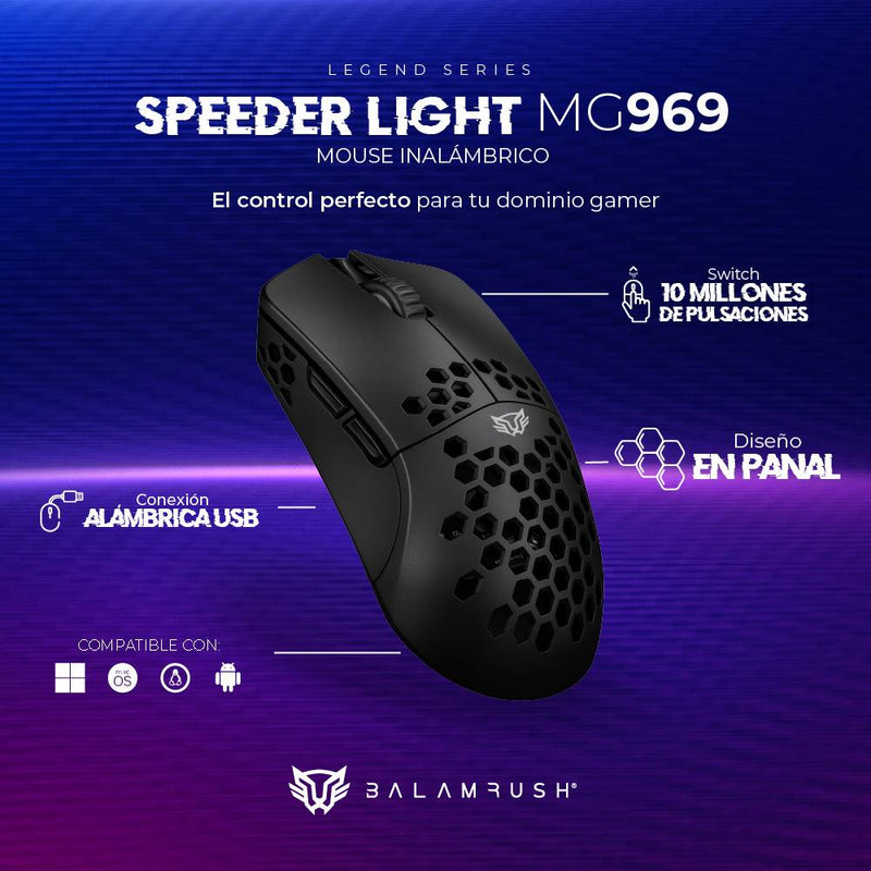 Mouse Gamer Inalámbrico Ultra ligero Speed Light MG969 Balam Rush Conexiones Bluetooth - 2.4ghz y USB, 7 Botones, Scroll tipo HUANO, DPI 800 a 5000. Ilumina