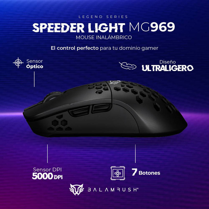 Mouse Gamer Inalámbrico Ultra ligero Speed Light MG969 Balam Rush Conexiones Bluetooth - 2.4ghz y USB, 7 Botones, Scroll tipo HUANO, DPI 800 a 5000. Ilumina