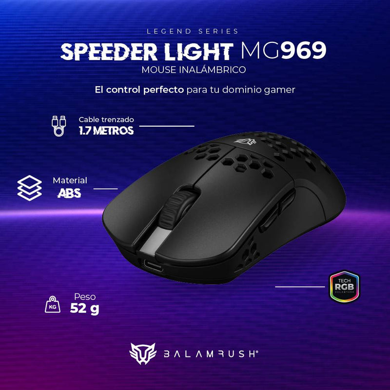 Mouse Gamer Inalámbrico Ultra ligero Speed Light MG969 Balam Rush Conexiones Bluetooth - 2.4ghz y USB, 7 Botones, Scroll tipo HUANO, DPI 800 a 5000. Ilumina