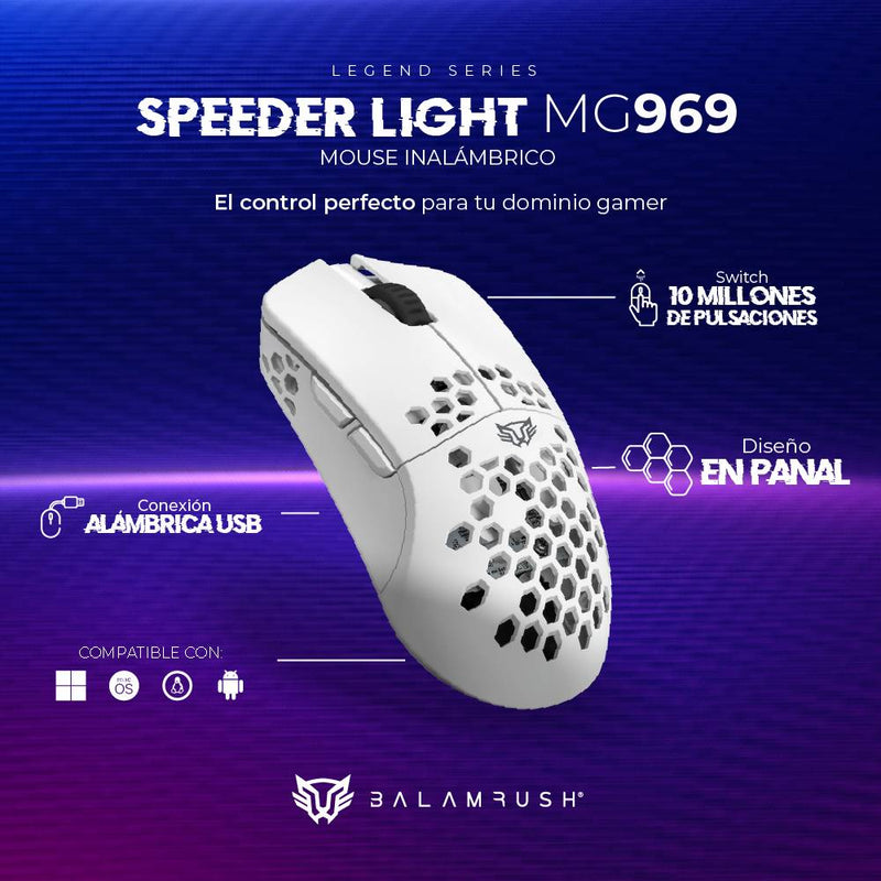 Mouse Gamer Inalámbrico Ultra ligero Speed Light MG969 Balam Rush Conexiones Bluetooth - 2.4ghz y USB, 7 Botones, Scroll tipo HUANO, DPI 800 a 5000. Ilumina