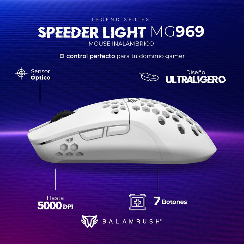 Mouse Gamer Inalámbrico Ultra ligero Speed Light MG969 Balam Rush Conexiones Bluetooth - 2.4ghz y USB, 7 Botones, Scroll tipo HUANO, DPI 800 a 5000. Ilumina