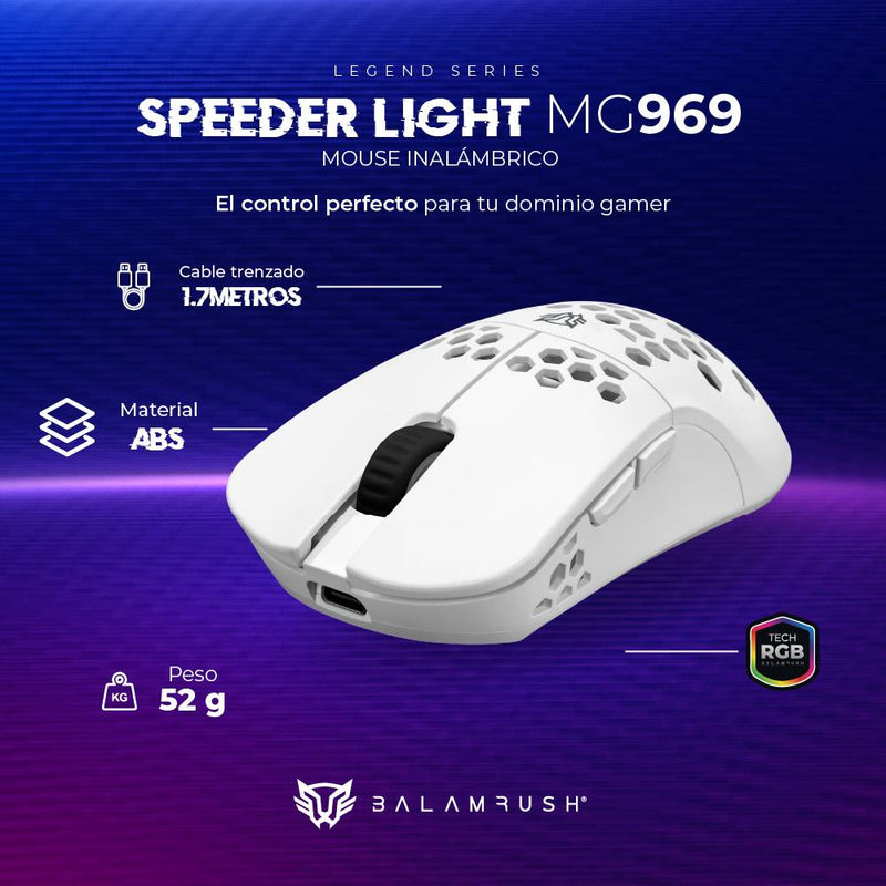 Mouse Gamer Inalámbrico Ultra ligero Speed Light MG969 Balam Rush Conexiones Bluetooth - 2.4ghz y USB, 7 Botones, Scroll tipo HUANO, DPI 800 a 5000. Ilumina