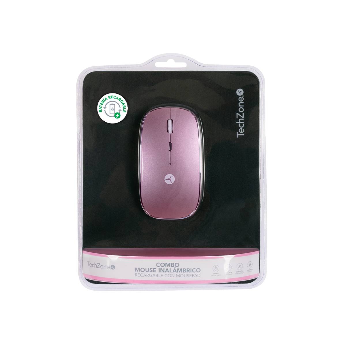 Mouse Recargable TechZone Slive Rosa TZACMOI27 - Conectividad Tipo-C/USB-A e Incluye Mousepad - Kit Completo y Portátil