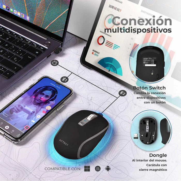 Mouse ACTECK OPTIMIZE TRIP PRO MI580 Inalambrico USB 2.4 GHz + BT 1600dpi 6 Botones Ergonomico Negro AC-939591
