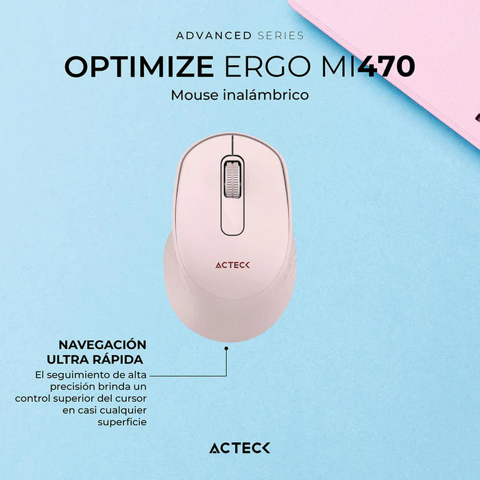 Mouse Acteck Optimize Ergo Mi470, Inalambrico,  Receptor Usb,  Optico 1600 Dpi Ajustable 2 Botones, Ergonomico, Click Silencioso -  Rosa  AC-939881