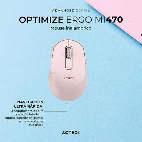 Mouse Acteck Optimize Ergo Mi470, Inalambrico,  Receptor Usb,  Optico 1600 Dpi Ajustable 2 Botones, Ergonomico, Click Silencioso -  Rosa  AC-939881