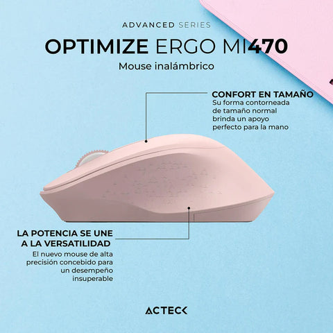 Mouse Acteck Optimize Ergo Mi470, Inalambrico,  Receptor Usb,  Optico 1600 Dpi Ajustable 2 Botones, Ergonomico, Click Silencioso -  Rosa  AC-939881