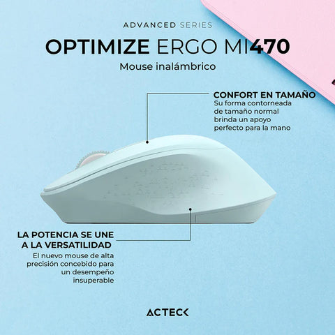 Mouse Acteck Optimize Ergo Mi470, Inalambrico, Receptor Usb, Optico,  1600 Dpi Ajustable,  Click Silencioso,  AC-939898
