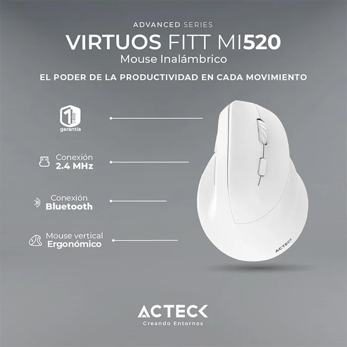 Mouse Acteck Vertical Fitt Mi520 Bt Recargable Blanco (Ac-936231)