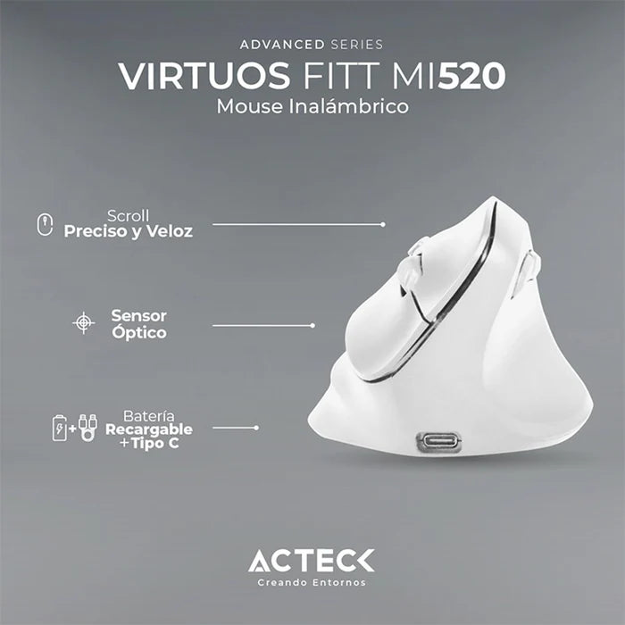 Mouse Acteck Vertical Fitt Mi520 Bt Recargable Blanco (Ac-936231)