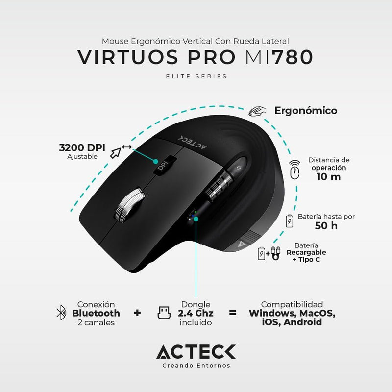 Mouse Ergonomico Virtuos Mi780 2.4Ghz+2Modos Bt 3,000 Dpi, Scrollusb Ac-936187