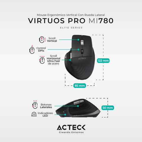 Mouse Ergonomico Virtuos Mi780 2.4Ghz+2Modos Bt 3,000 Dpi, Scrollusb Ac-936187