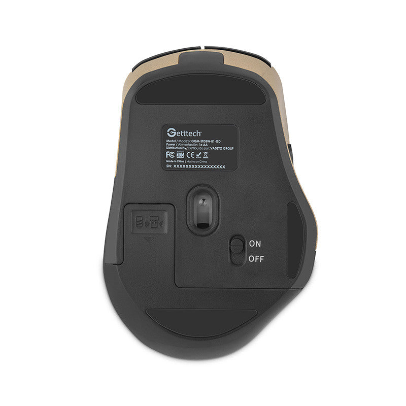 Mouse Getttech Inalambrico Silencioso Ergonomico Negro Y Dorado 6 Botones 1600 Dpi 2.4G+Bt GGM-STDBW-01-GD