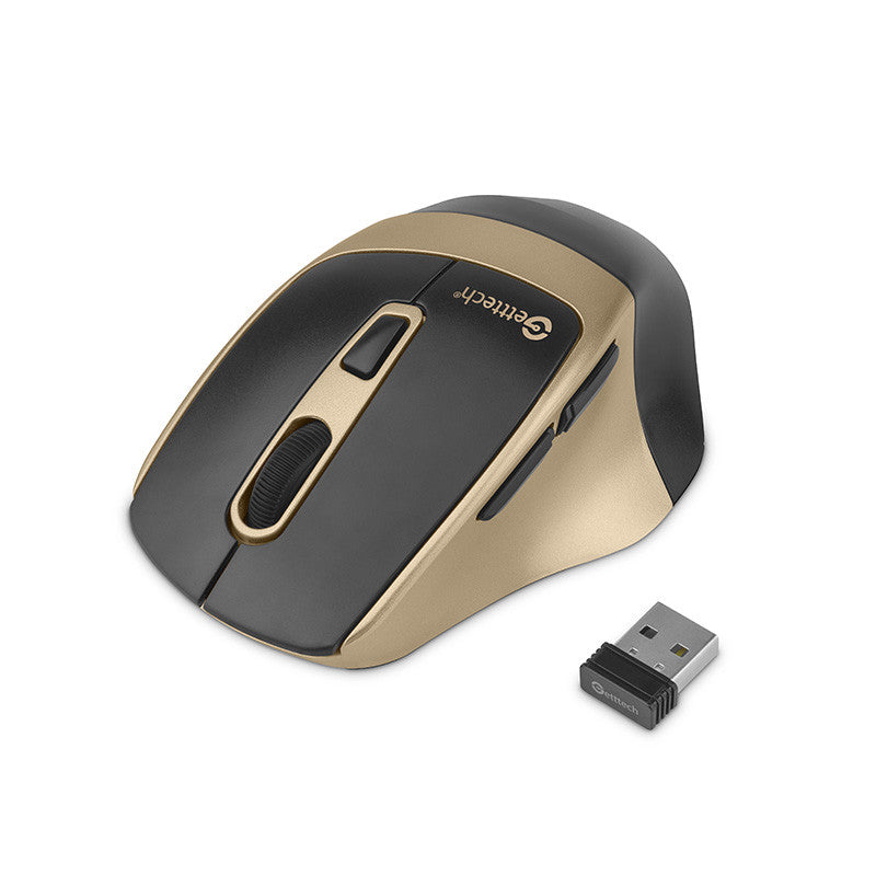 Mouse Getttech Inalambrico Silencioso Ergonomico Negro Y Dorado 6 Botones 1600 Dpi 2.4G+Bt GGM-STDBW-01-GD