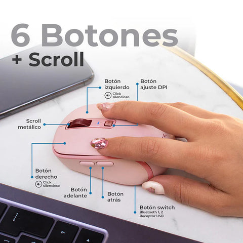 Mouse Inalambrico 2.4hz Optimize Trip Pro MI580 Advanced Series Conexión USB Dongle 2.4ghz, Conexión Bluetooth, 6 Botones + Scroll