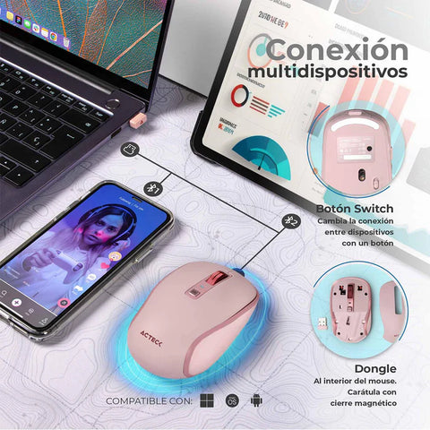 Mouse Inalambrico 2.4hz Optimize Trip Pro MI580 Advanced Series Conexión USB Dongle 2.4ghz, Conexión Bluetooth, 6 Botones + Scroll