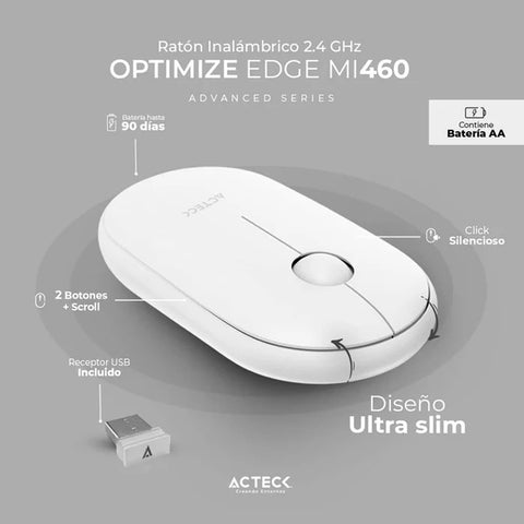 Mouse Ultra Delgado Acteck Edge Mi460 Inalambrico Blanco (Ac-934114)