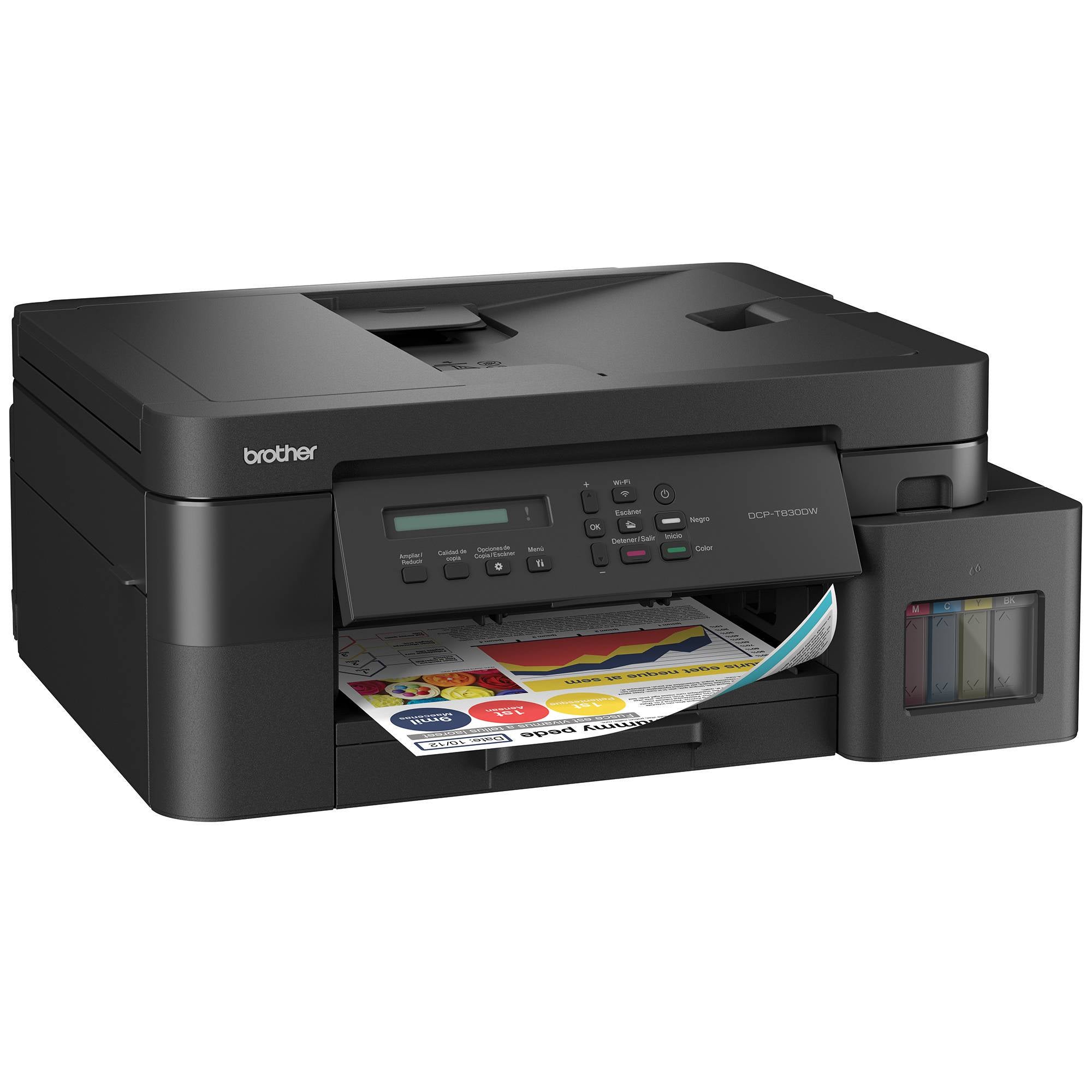 Multifuncional Tinta Continua Brother DCPT830DW, impresión dúplex, 30 ppm negro, 26 ppm color, Wifi 2.4/5Ghz, Ethernet, cama plana color tamaño carta