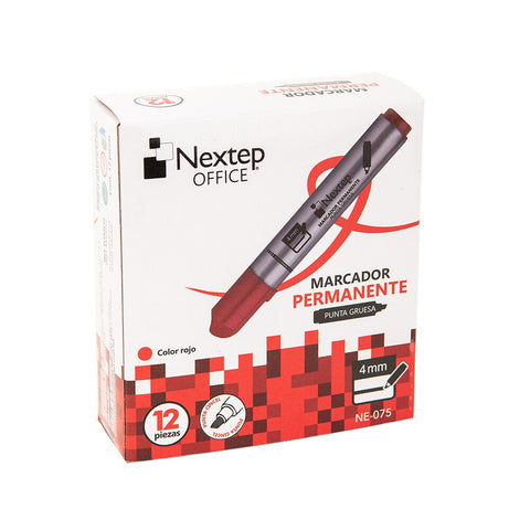 Marcador Permanente Nextep Punta Gruesa Cincel 4Mm Rojo C/12 Pzas, Ne-075