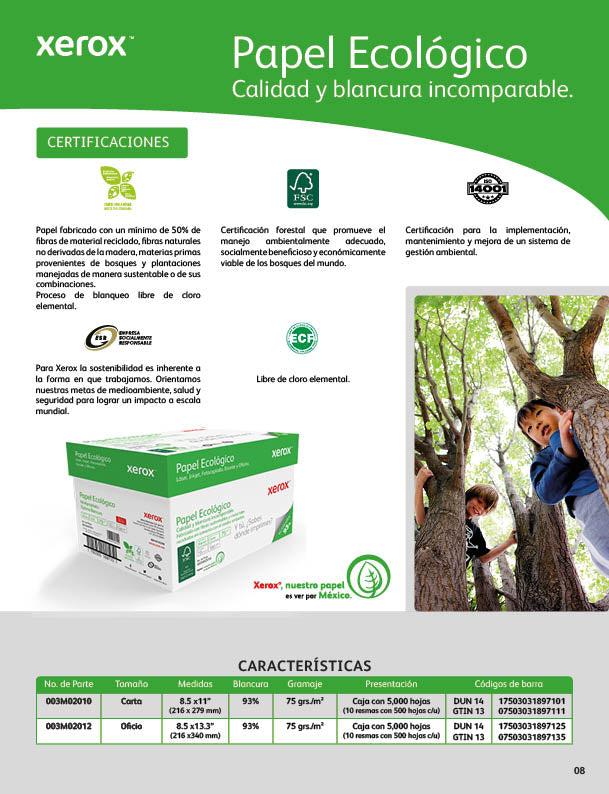 Papel Xerox Ecologico Tamaño Carta 93% Blancura