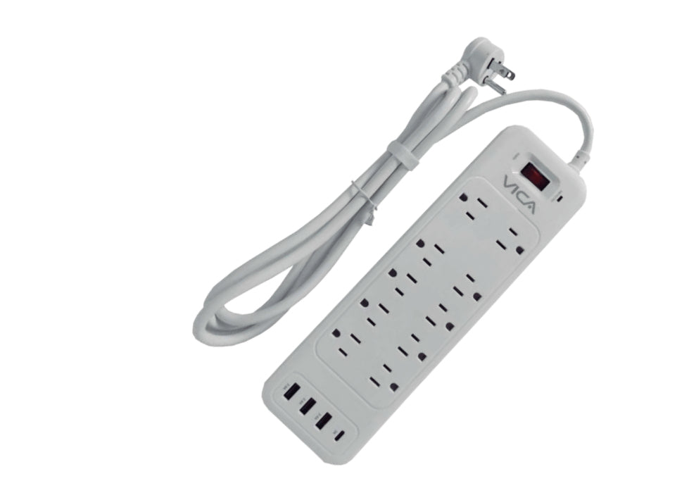 Centro de Carga 9P VICA - 10 Contactos NEMA con Supresor y Puertos USB-A/C - Montaje en Pared Organizado - Protección Total