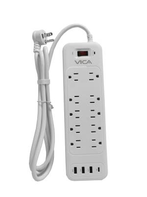 Centro de Carga 9P VICA - 10 Contactos NEMA con Supresor y Puertos USB-A/C - Montaje en Pared Organizado - Protección Total