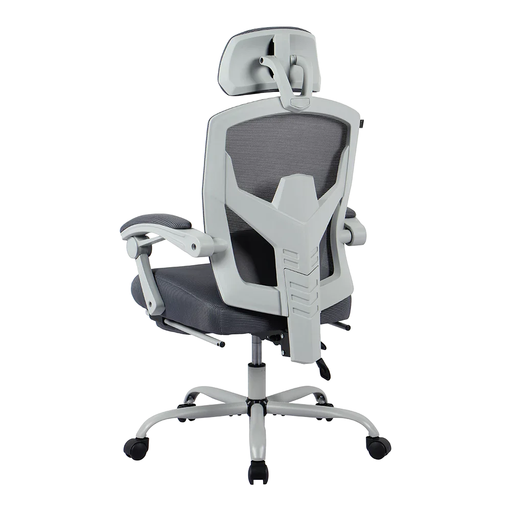 Silla Gamer Bolt Nou W | Azender Gris | Malla Transpirable + Espuma Confort | Soporte 130 kg | Inclinación 140° | Reposabrazos Fijos + Reposapiés + Cojín Lumbar | Pistón Clase 3
