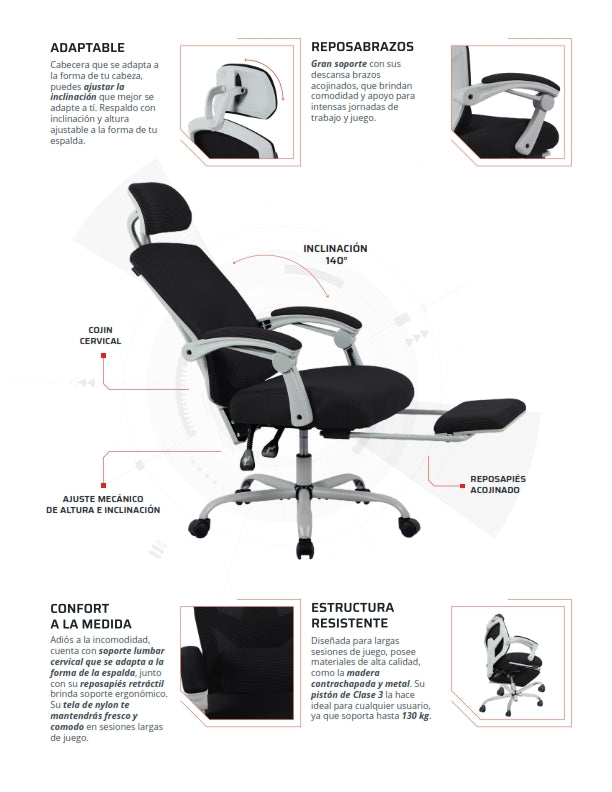 Silla Gamer Bolt Nou W | Azender Gris | Malla Transpirable + Espuma Confort | Soporte 130 kg | Inclinación 140° | Reposabrazos Fijos + Reposapiés + Cojín Lumbar | Pistón Clase 3