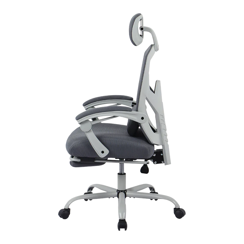 Silla Gamer Bolt Nou W | Azender Gris | Malla Transpirable + Espuma Confort | Soporte 130 kg | Inclinación 140° | Reposabrazos Fijos + Reposapiés + Cojín Lumbar | Pistón Clase 3