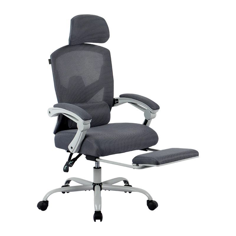 Silla Gamer Bolt Nou W | Azender Gris | Malla Transpirable + Espuma Confort | Soporte 130 kg | Inclinación 140° | Reposabrazos Fijos + Reposapiés + Cojín Lumbar | Pistón Clase 3