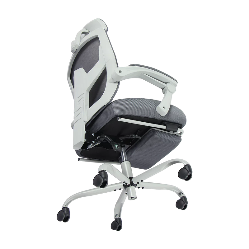 Silla Gamer Bolt Nou W | Azender Gris | Malla Transpirable + Espuma Confort | Soporte 130 kg | Inclinación 140° | Reposabrazos Fijos + Reposapiés + Cojín Lumbar | Pistón Clase 3