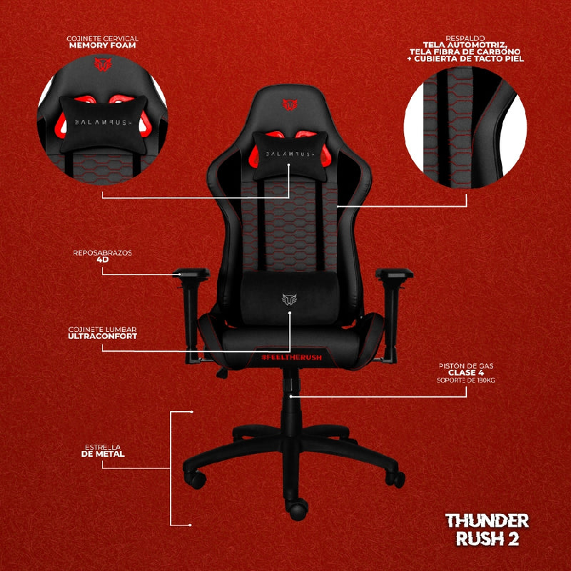 Silla Gamer Ergonómica  Thunder V2 | BR Edition Mediana Plus Tela y Piel Reclinable Soporta hasta 150 Kg, Negro-Rojo