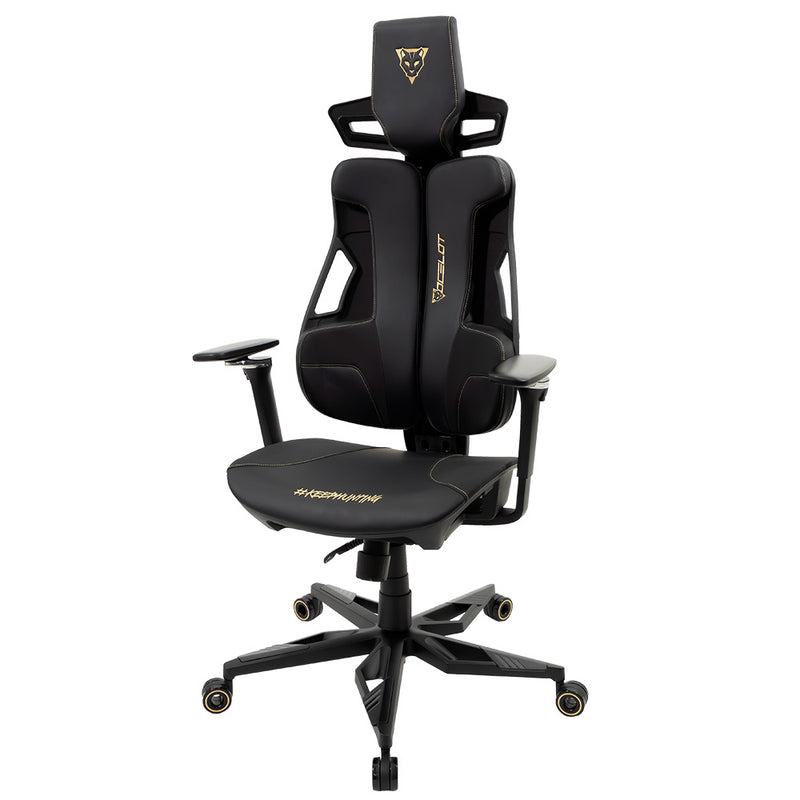 Silla Gamer Ocelot Gaming. Piel sintética, Asiento de malla, Base de aleación de aluminio, Respaldo reforzado, Reposabrazos 4D, Reclinable 140, Peso máximo 150kg, Color negro