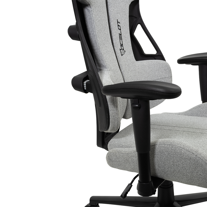 Silla Gamer Ocelot Gaming. Tela automotriz ,Estrella de metal, Reposabrazos 2D, Reclinable hasta 135, Peso máximo 150kg, Color gris granito