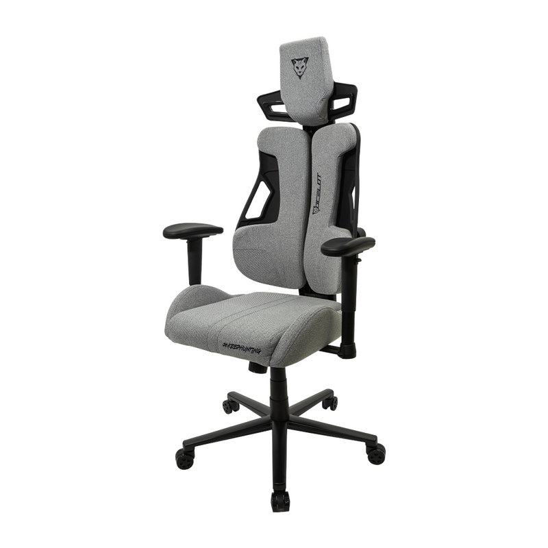 Silla Gamer Ocelot Gaming. Tela automotriz ,Estrella de metal, Reposabrazos 2D, Reclinable hasta 135, Peso máximo 150kg, Color gris granito