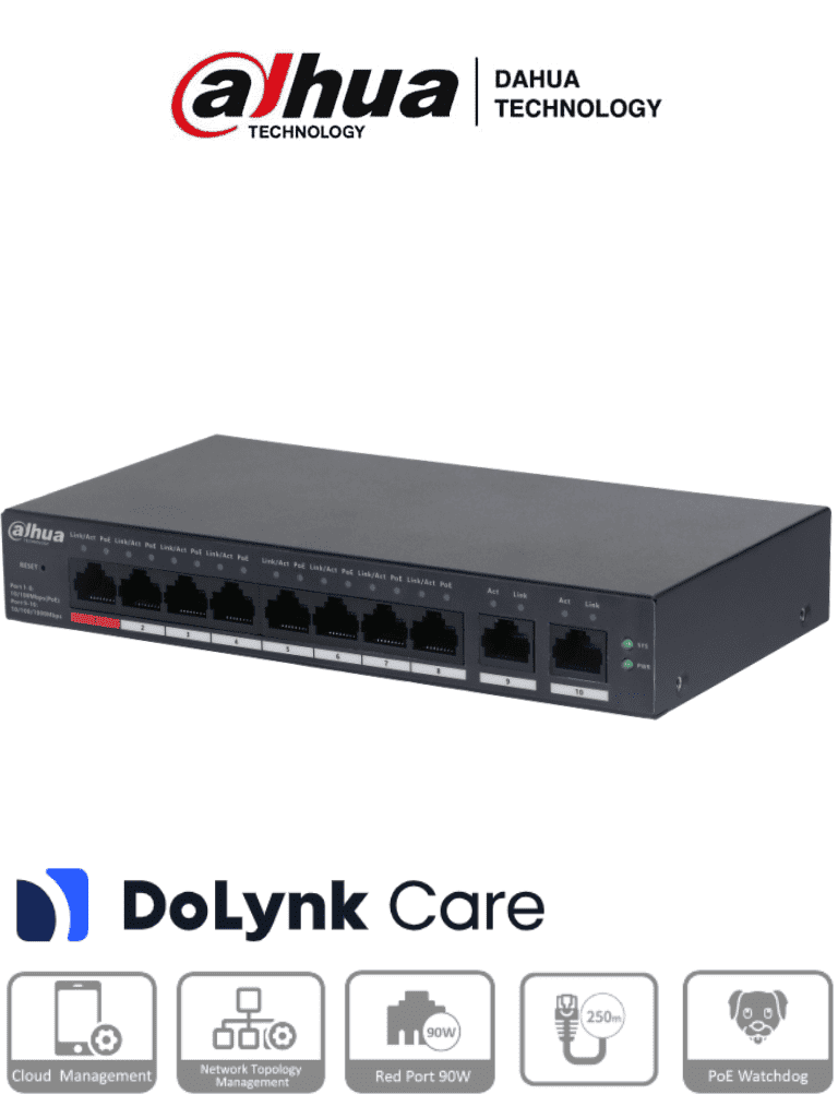 Switch Dahua 10 Puertos, 8 Poe 10/100/Dolynk Care (DH-CS4010-8ET-110)