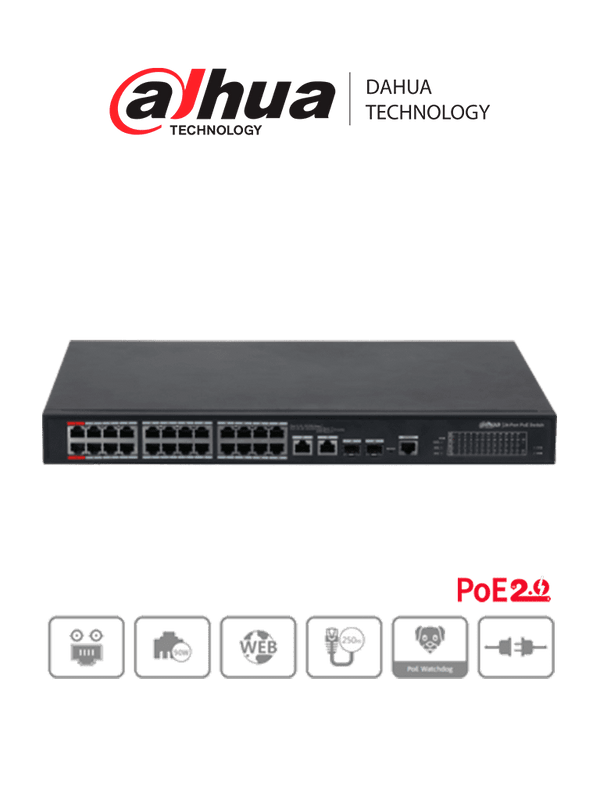 Switch Poe Administrado 24 Puertos 100 + 2 Ptos Gigabit (DH-PFS4226-24ET-240)