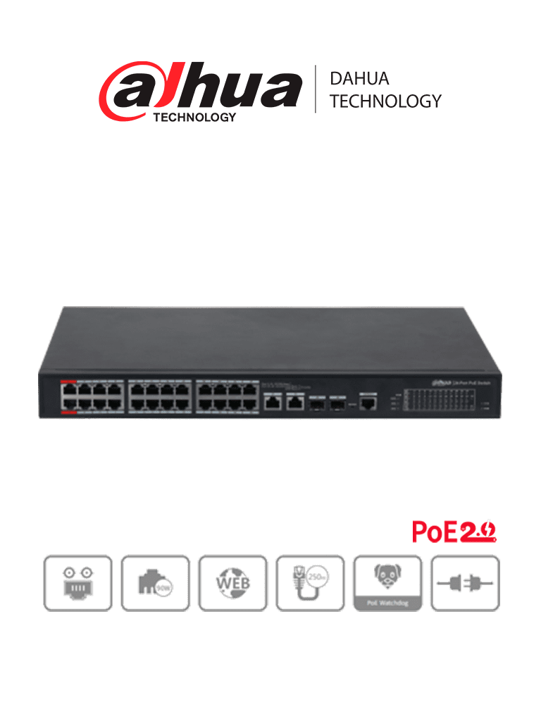 Switch Poe Administrado 24 Puertos 100 + 2 Ptos Gigabit (DH-PFS4226-24ET-240)