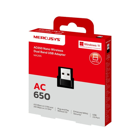 Adaptador USB Nano Mercusys AC650 HMA20N - Doble Banda hasta 433Mbps - Conexión Inalámbrica Ultra Compacta - Nuevo