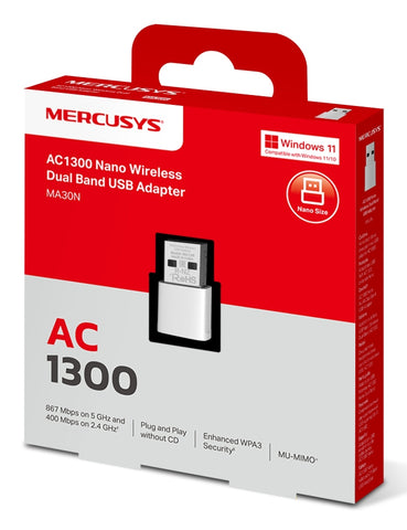 Adaptador USB WiFi Mercusys MA30N AC1300 - Doble Banda de Alta Velocidad - Actualización de Red Instantánea - Nuevo