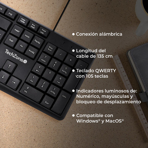 TECLADO TECHZONE TZACTCA04 ALAMBRICO STANDARD USB ERGONOMICO NEGRO