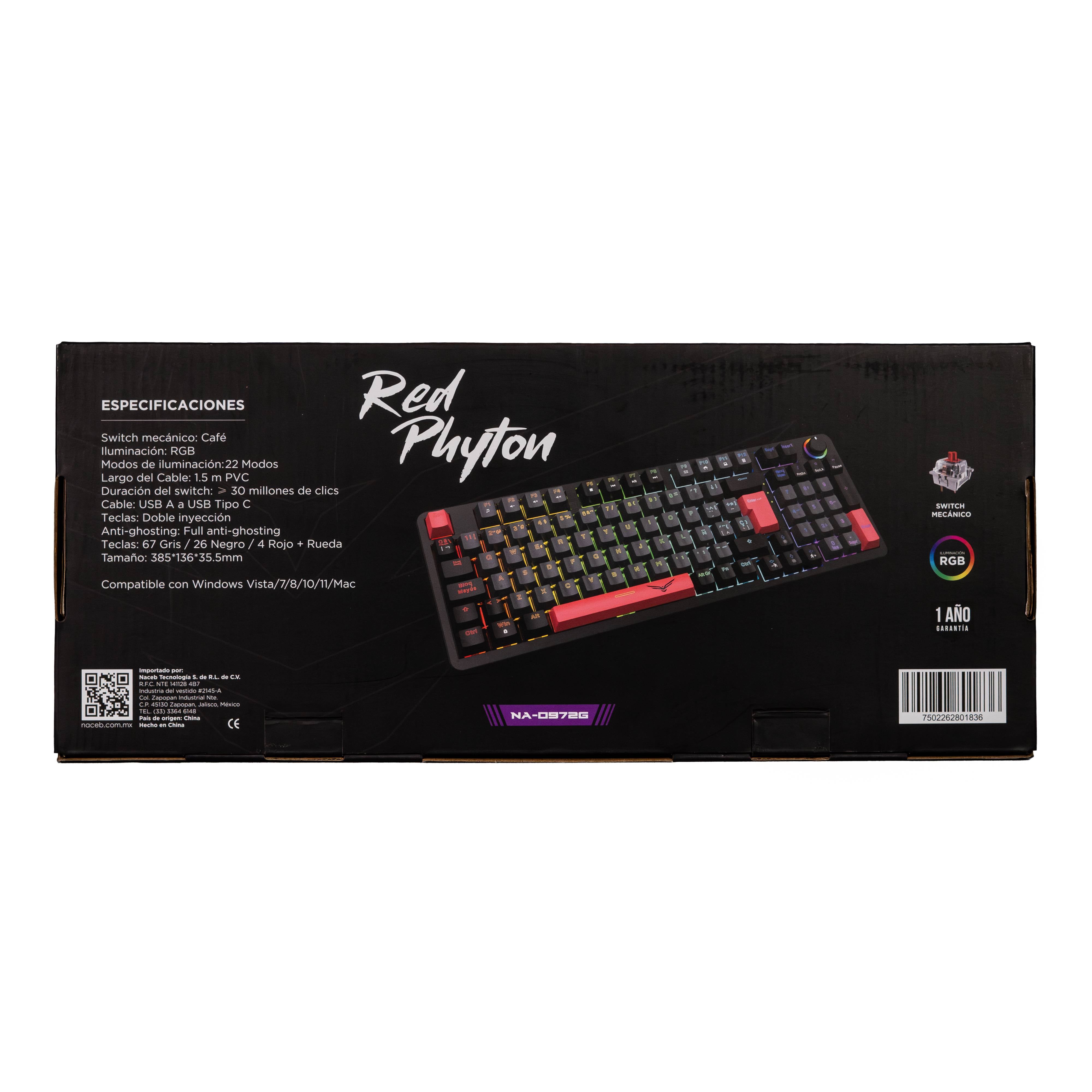 Teclado Mecánico Gamer Naceb Phyton NA-0972G | Switches Red RGB | Pulsación Suave y Silenciosa