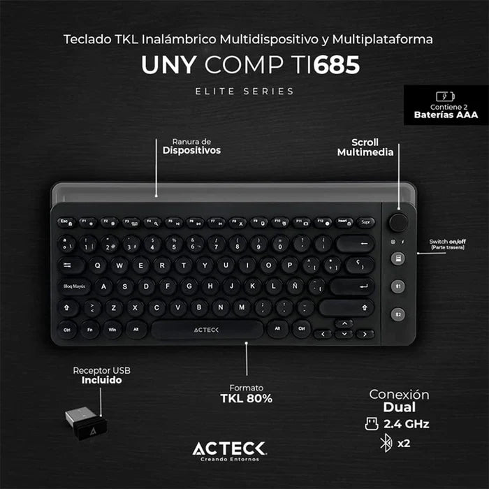 Teclado Acteck Multidispositivo Ti685 2.4 Ghz Con 3 Modos, Negro (AC-934183)