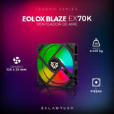 Kit 3 Ventiladores de 120mm ARGB  Balam Rush Eolox Blaze EX70K: Velocidad: 1200 Rpm Flujo de aire: 30.71 CFM