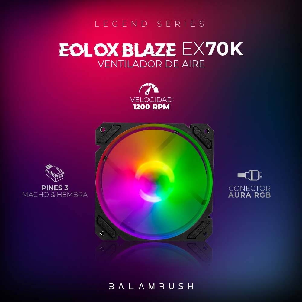 Kit 3 Ventiladores de 120mm ARGB  Balam Rush Eolox Blaze EX70K: Velocidad: 1200 Rpm Flujo de aire: 30.71 CFM