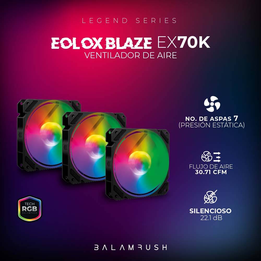 Kit 3 Ventiladores de 120mm ARGB  Balam Rush Eolox Blaze EX70K: Velocidad: 1200 Rpm Flujo de aire: 30.71 CFM
