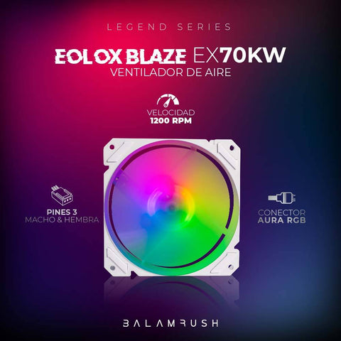 Kit 3 Ventiladores de 120mm ARGB  Balam Rush Eolox Blaze EX70KW: Velocidad: 1200 Rpm Flujo de aire: 30.71 CFM -