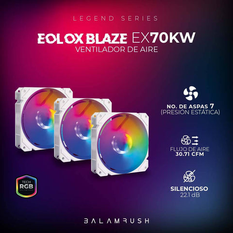 Kit 3 Ventiladores de 120mm ARGB  Balam Rush Eolox Blaze EX70KW: Velocidad: 1200 Rpm Flujo de aire: 30.71 CFM -