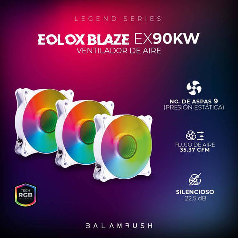 Kit 3 Ventiladores de 120mm ARGB  Balam Rush Eolox Blaze EX90KW: Velocidad: 1500 Rpm - Flujo de aire: 35.37